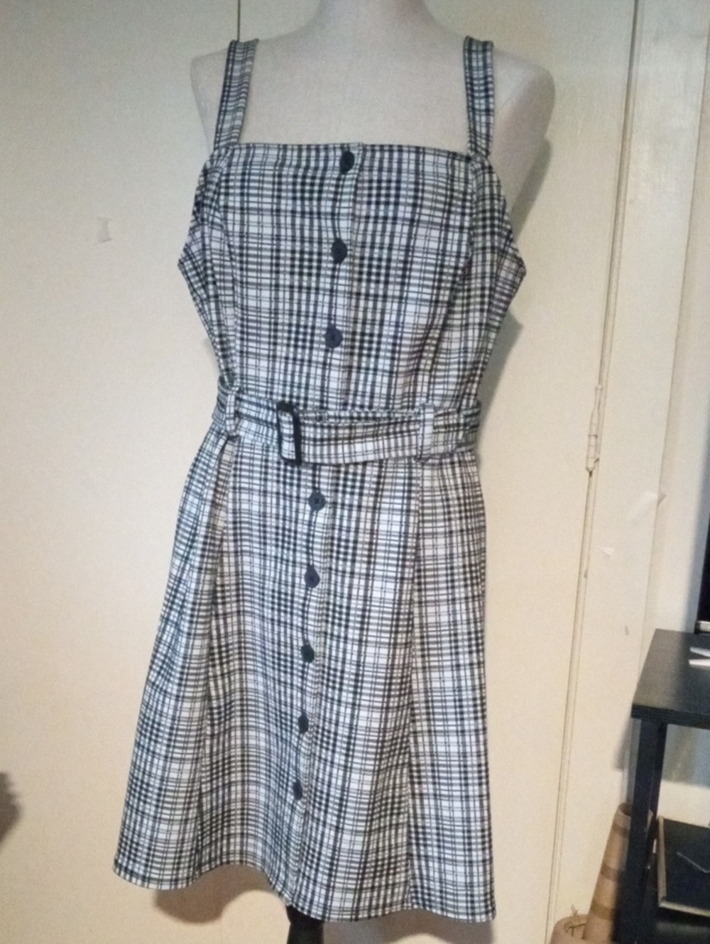 SO Plaid Button Front Belted Pinafore Mini Dress Black White Large